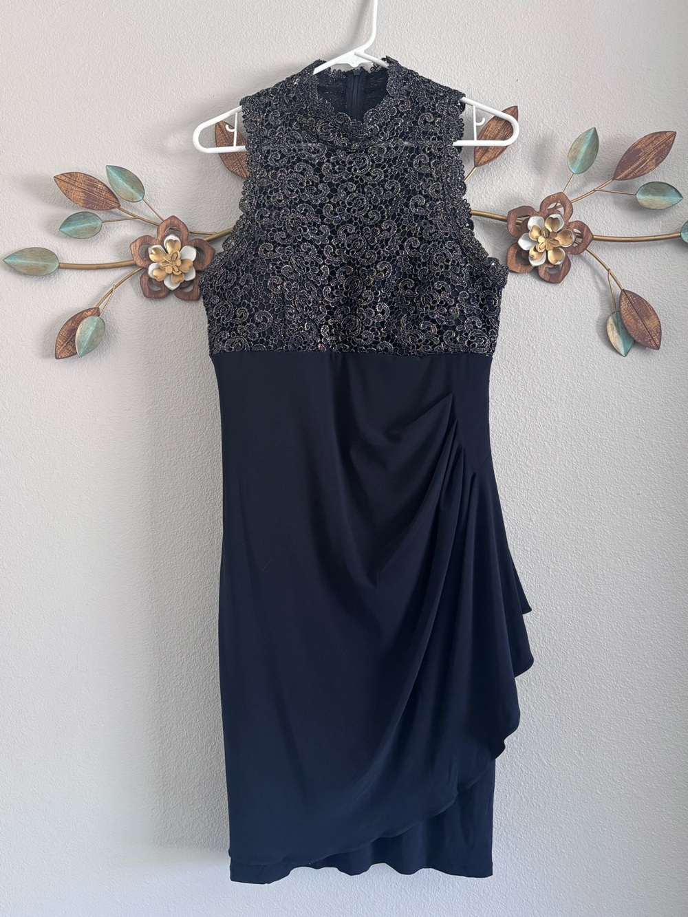 Xscape Sleeveless Black Gold Lace Top Mini Dress